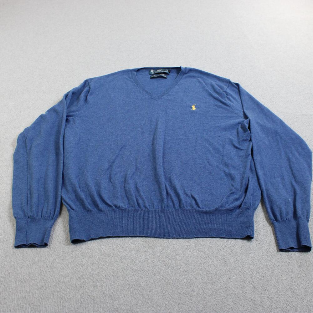 Polo Ralph Lauren Sweater Men Medium Blue Pima Cotton V-Neck Academia Heritage